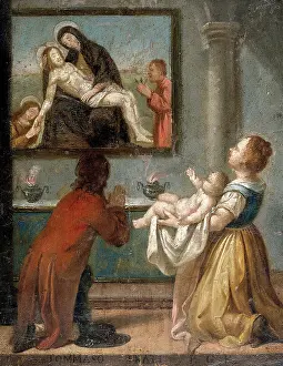 Incense Prints: A man and a woman holding a baby before an altar, 18th (?) century. Creator: Unknown