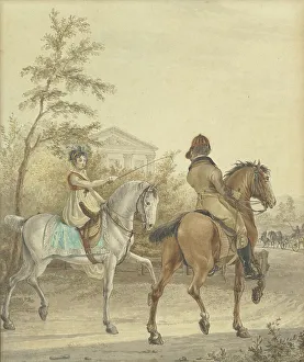Riding Crop Prints: Man and a woman on horseback on a country road, 1802. Creator: Johannes Vinkeles