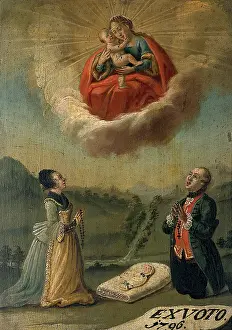 Swaddled Prints: A man and a woman praying to the Virgin and Child for the life of their swaddled baby