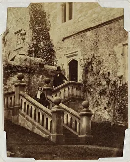 Staircase Prints: Man and Woman Standing on Exterior Stairs, c1870. Creator: Francis Edmund Currey