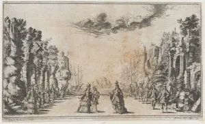 Kusel Mathaus Prints: A man and two women conversing at center; young men standing to their right and young wome