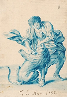 Wrestling Prints: Man wrestling with a lion, 1752. Creator: Judas Thaddeus Supper