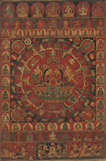 Thangka Collection: Mandala of the Sun God Surya Surrounded by Eight Planetary Deities, dated, likely 1379