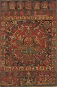 Thangka Collection: Mandala of the Sun God Surya Surrounded by Eight Planetary Deities, dated, likely 1379