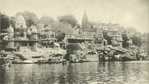 Benares Prints: Manekanka Bathing and Burning Ghat, Benares. Creator: Saeed Bros