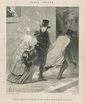 Snowy Prints: Manière ingénieuse de décharger les toites... 19th century. Creator: Honore Daumier