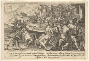 Passe Crispijn I De Prints: Mankind surrendering to lechery before the Flood: embracing couples on benches around a