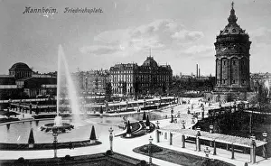 Named Prints: Mannheim Friedrichsplatz - buildings & fountain. Creator: Unknown