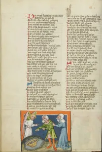 Manoah and His Wife Offering a Meal to the Angel; Weltchronik, about 1400-1410. Creator: Unknown