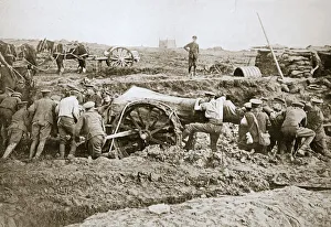 Field Gun Prints: Manoeuvring a big gun in the mud, Somme campaign, France, World War I, 1916. Artist