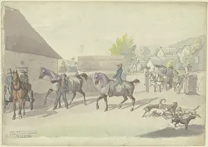 Courtyard Prints: Manor house with horses and vehicles
