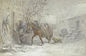 Stable Prints: Manor house in winter, a horse being led into the stable by the coachman