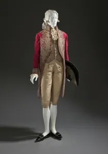 Vest Prints: Man's court ensemble of red wool coat and cloth-of-silver vest