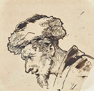 Historism Prints: Man's head with fur hat, undated. (c1860s) Creator: Louis Toussaint