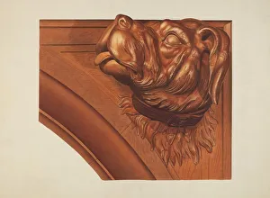 Mantel Prints: Mantle Carving (Dogs Head), c. 1939. Creator: Henry Murphy