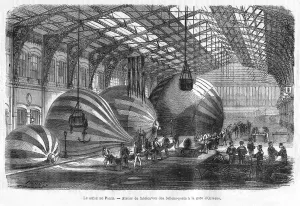Manufacture of Mail Balloons at Gare d Orleans during the Siege of Paris, pub. 1871 (engraving)