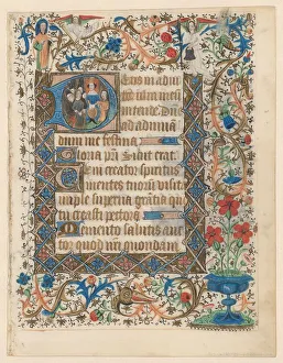 Illuminated Writing Prints: Manuscript from a book of hours with historized initial D, c.1400-c.1449. Creator: Anon