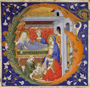 Newborn Prints: Manuscript Illumination with the Birth of the Virgin in an Initial G, from a Gradual, ca