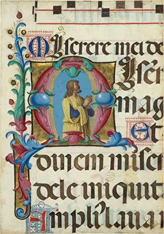 Parchment Gallery: Manuscript Illumination with David in Prayer in an Initial M, from a Psalter, Italian