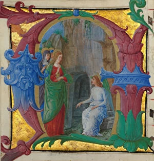 And Ink On Parchment Gallery: Manuscript Illumination with the Holy Women at the Tomb in an Initial A... Italian, ca