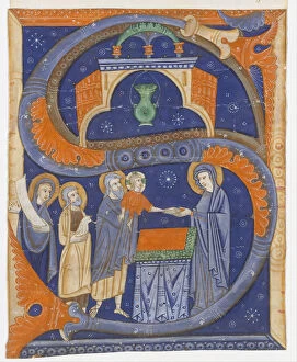 Manuscript Illumination with the Presentation of Christ in the Temple in an Initial S