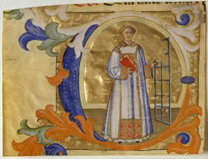 Parchment Gallery: Manuscript Illumination with Saint Lawrence in an Initial C, from a Gradual, Italian, ca