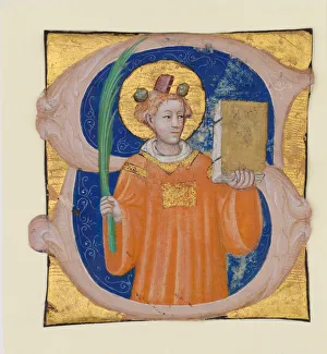 Manuscript Illumination with Saint Stephen in an Initial S, from an Antiphonary, ca