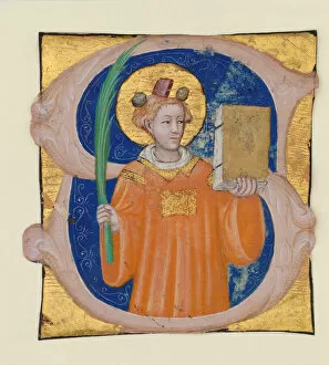 Stephen Collection: Manuscript Illumination with Saint Stephen in an Initial S, from an Antiphonary, Italian