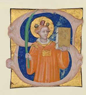 Parchment Gallery: Manuscript Illumination with Saint Stephen in an Initial S, from an Antiphonary, Italian