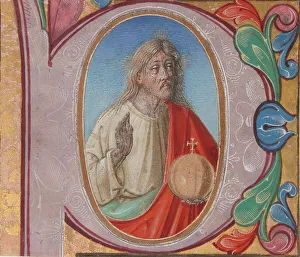 Images Dated 4th December 2020: Manuscript Illumination with Salvator Mundi in an Initial P, from a Choir Book, Italian