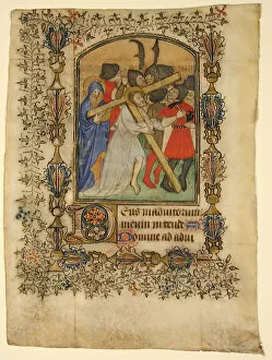 Book Of Hours Gallery: Manuscript Leaf from a Book of Hours... Illuminated Initial D and Christ Bearing the Cross