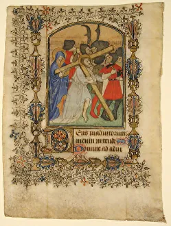 Crosses Prints: Manuscript Leaf from a Book of Hours... Illuminated Initial D and Christ Bearing the Cross