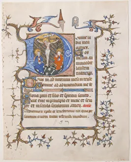 And Gold On Parchment Prints: Manuscript Leaf with the Crucifixion in an Initial D, from a Book of Hours, ca. 1350