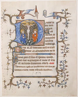 Book Of Hours Gallery: Manuscript Leaf with the Crucifixion in an Initial D, from a Book of Hours, ca. 1350