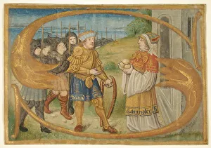 Manuscript Leaf Cutting Probably from a Missal with an Illuminated Initial S... late 15th century