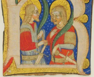 Letter R Prints: Manuscript Leaf Cutting Showing an Illumiated Initial R with St. Protasius and St