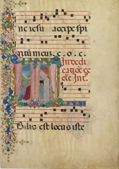 Manuscript Leaf with the Dedication of a Church in an Initial T, from a Gradual, 2nd