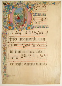 Manuscript Leaf with Entry into Jerusalem on Palm Sunday in an Initial D... 15th-16th century