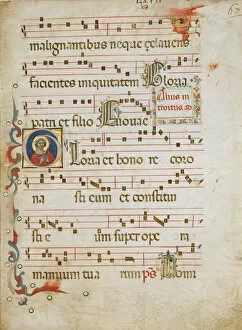 Images Dated 4th December 2020: Manuscript Leaf with a female saint (possibly Dorothy) in an Initial G, from a Gradual