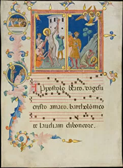 Flay Collection: Manuscript Leaf with the Martyrdom of Saint Bartholomew, from a Laudario, ca. 1340