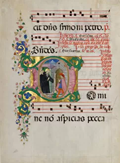 Antiphonary Gallery: Manuscript Leaf with Saint Benedict Resuscitating a Boy in an Initial D
