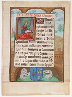 Dorothy Prints: Manuscript Leaf wtih Saint Dorothy, from a Book of Hours, ca. 1500. Creator: Unknown