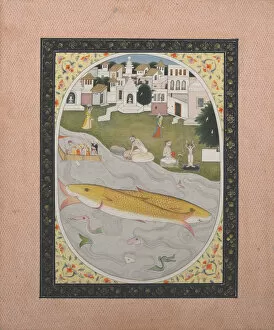 Tantra Collection: Manuscript Painting with Hindu Tantric Scene Depicting Two Fish, 1800-1820. Creator: Unknown