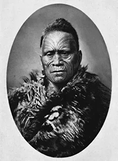 A Maori chief with elaborately tattooed face and weather cloak, 1902 A Maori chief with elaborately tattooed face and weather cloak, 1902