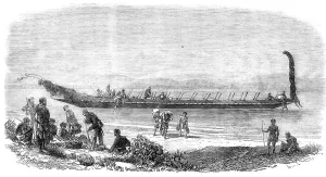 Canoe Prints: Maori war-canoe at Tauranga, New Zealand, 1864. Creator: Unknown