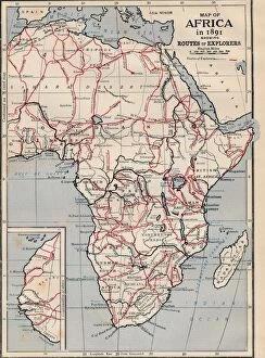 Map of Africa in 1891 showing Routes of Explorers