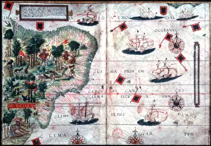 Portugal Prints: Map of Brazil by Portuguese navigators Pedro Reinel and Lopo Homen