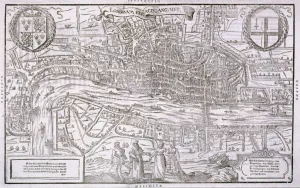 Map of the City of London and City of Westminster with four figures in the foreground, (c1572?)