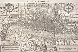 Map of the City of London and City of Westminster with four figures in the foreground, (c1572?)