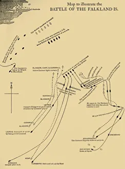 1st Baronet Gallery: Map illustrating the Battle of the Falkland Islands on 8 December 1914, (c1920). Creator: Unknown